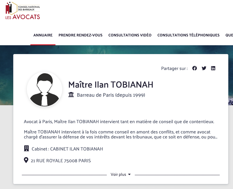 Capture de la fiche avocat de Maître Ilan TOBIANAH sur consultation.avocat.fr