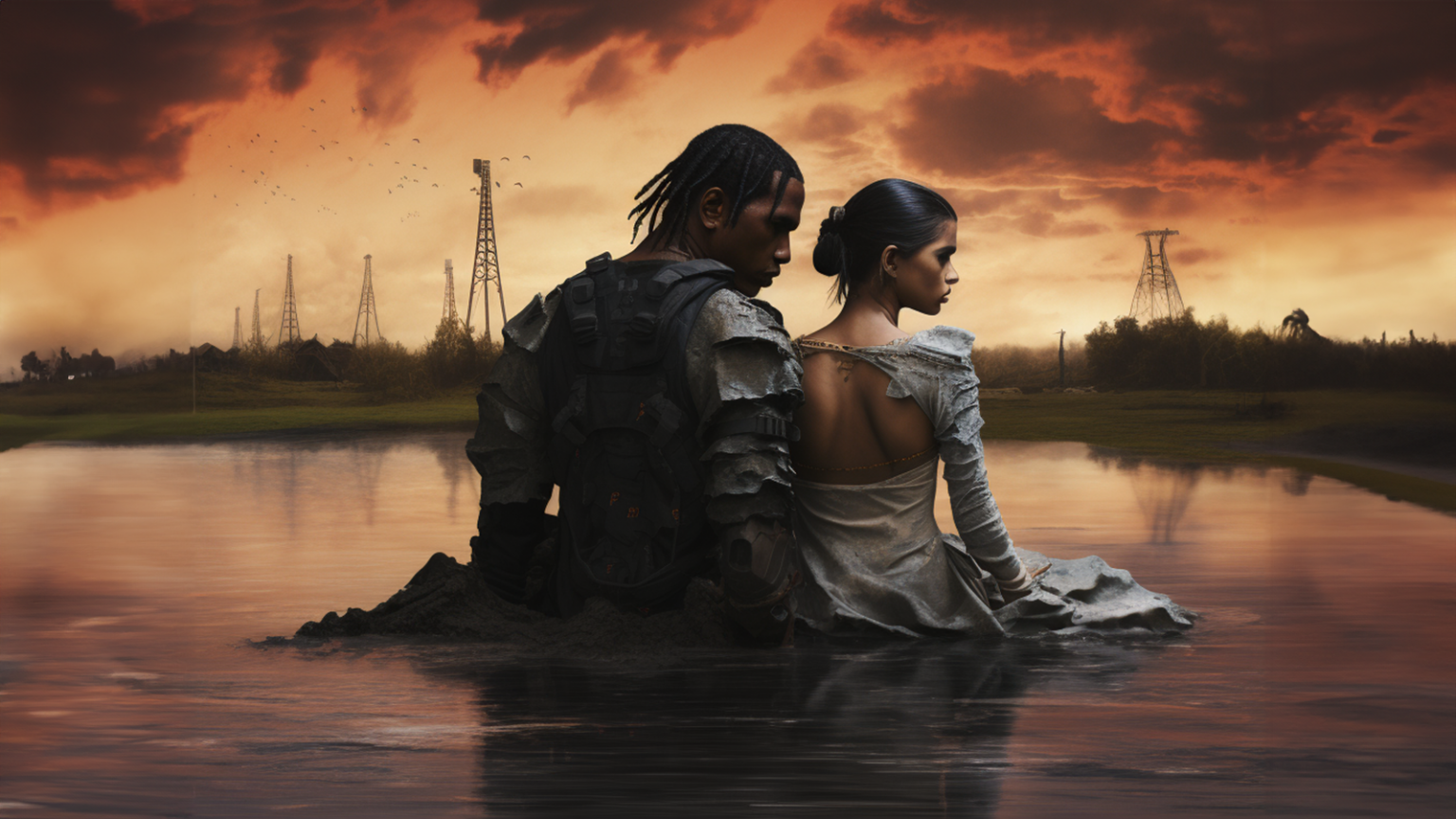 Illustration de Kylie Jenner et Travis Scott sur le point de se séparer devant un coucher de soleil
