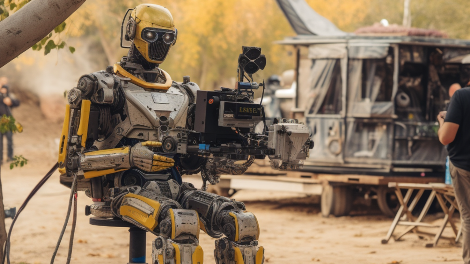 Photo d'un robot AI en train de filmer un clip avec sa caméra