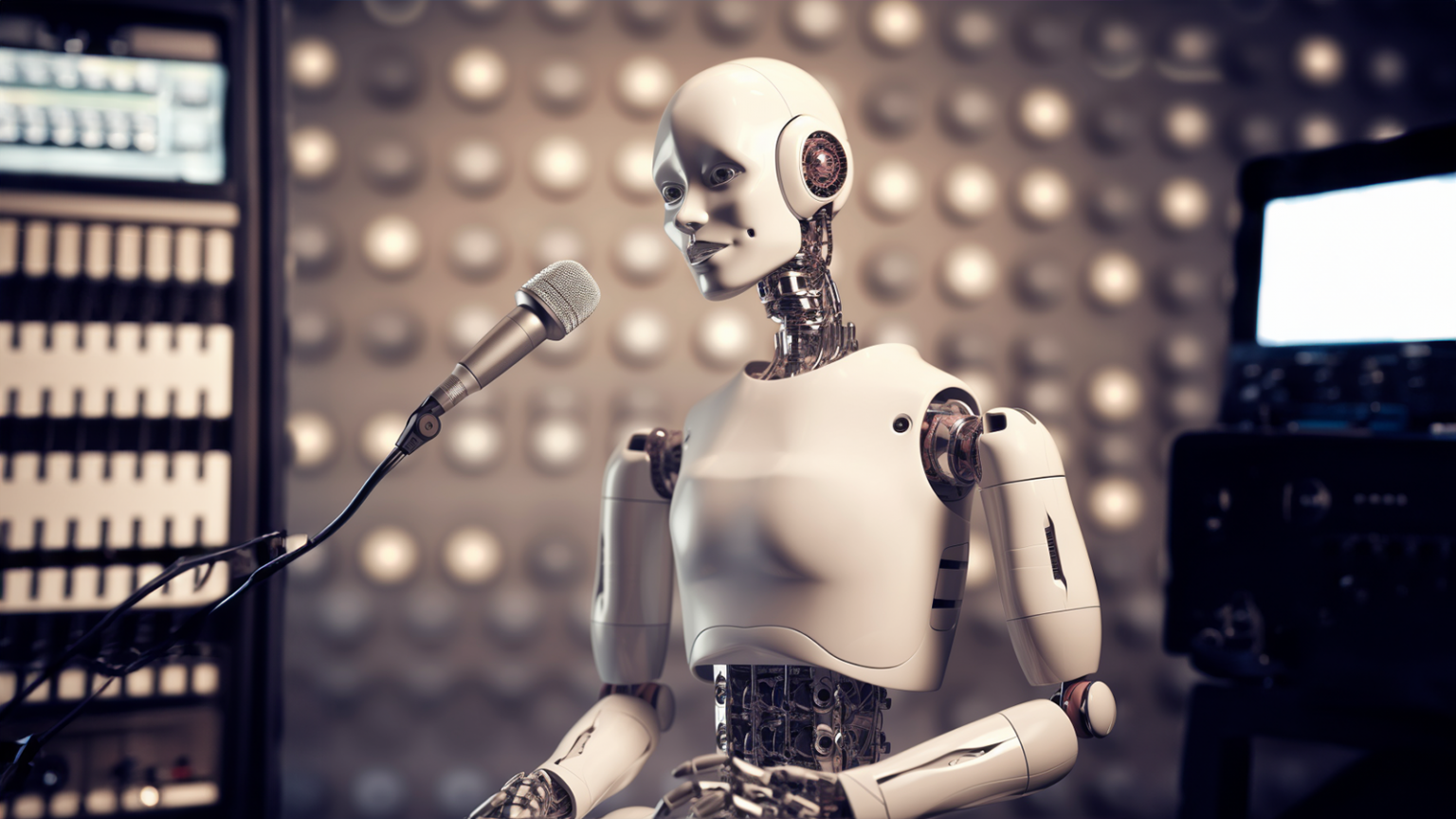 Photo d'un robot qui chante dans un micro en studio